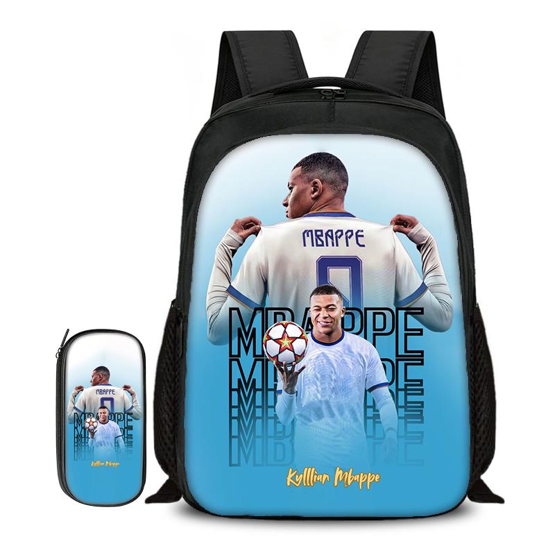 2-delige Set Boekentas Etui Schooltassen M-Mbappe Kinderen School Dubbellaags Rugzak Voetbalster Voetbal Sport Mochila