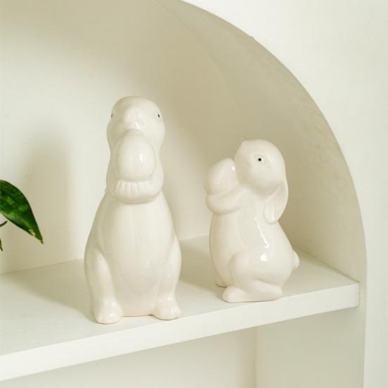 Easter Ceramic Bunny Figurine Holding Egg Look-up Rabbit Statue Sculpture Spring Easter Holiday Party Decoration