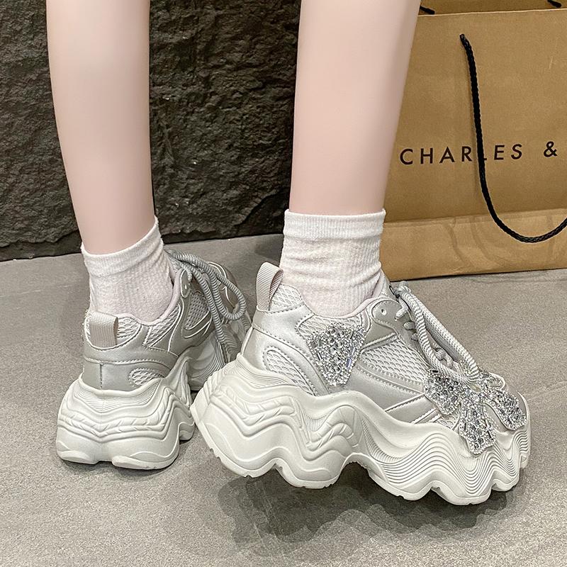 Fashion 8CM High Platform White Shoes Women New 2025 Summer Breathable Crystal Chunky Sneakers Designer Thick Sole Sports Shoes