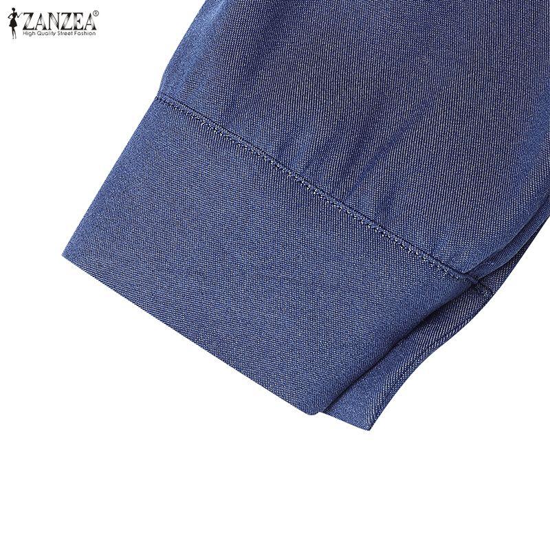 ZANZEA Women Casual Turn Down Collar Loose Long Sleeve Retro Long Dress