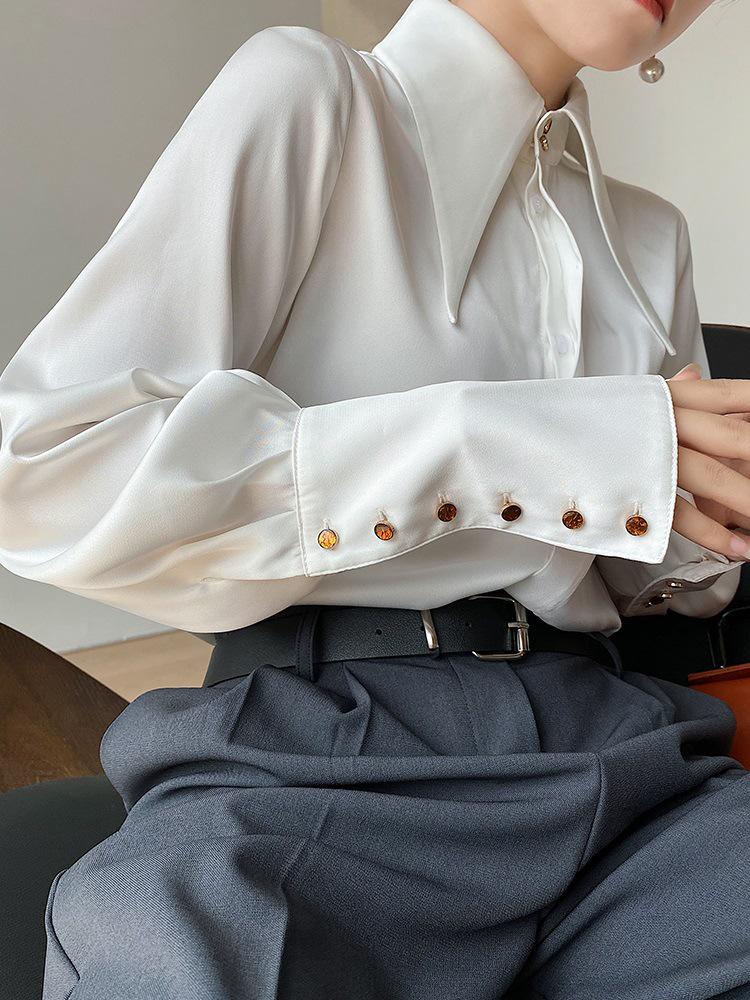 Women's High-End Satin Shirt with French Pointed Collar - Long Sleeve, Stylish Spring/Autumn Top