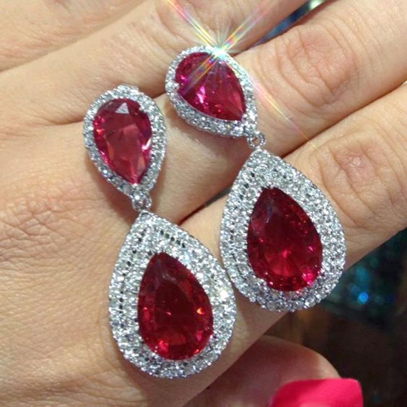 Silver Double Teardrop Ruby Red CZ Dangle Earrings Double Layer Halo Pave Crystal Drop Earrings Women Luxury Wedding Jewelry