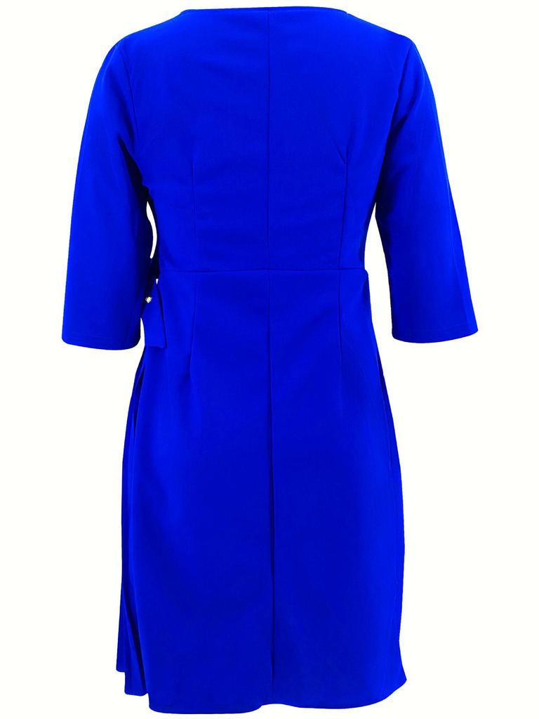 Robe Européenne et Américaine à Col V, Taille Cintrée Plissée, Manches Mi-Longues