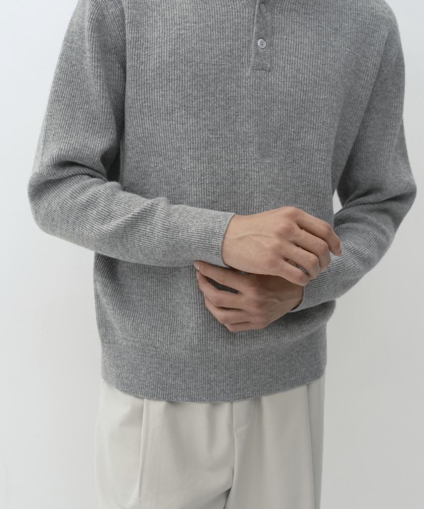 Musinsa Standard [Victoria Wool] Minimal Ribbed Henley Neck Knit [Melange Light Grey]