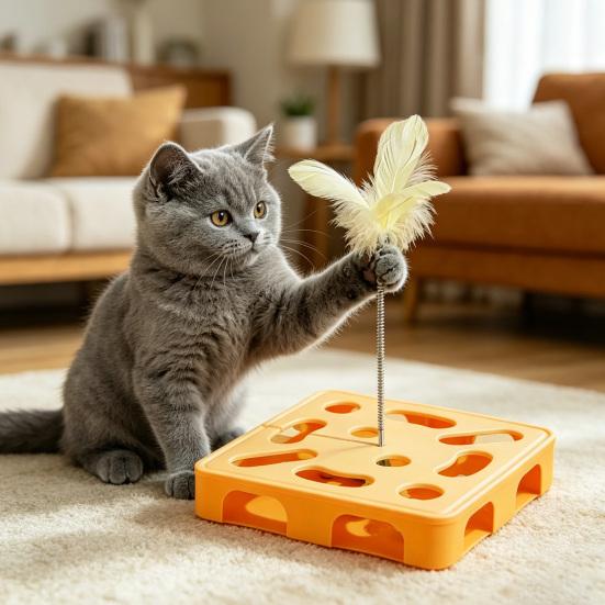 Interactive Puzzle Toy for Cats Puzzle Box with Jingle Balls Spring Feather Wand Cat Enrichment Toy for Indoor Cats Mental Stimulation And Exercise