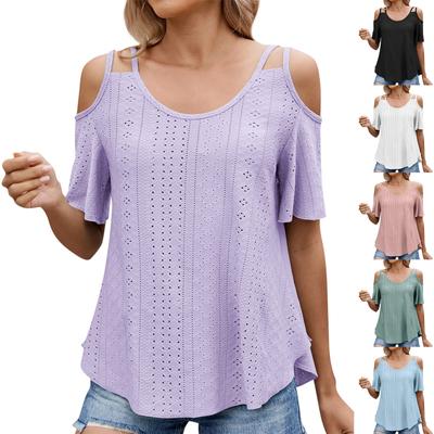 Women's Fashion Solid Color Hollowed Out Short Sleeve Round  Neck Casual Pullover T-shirt Top