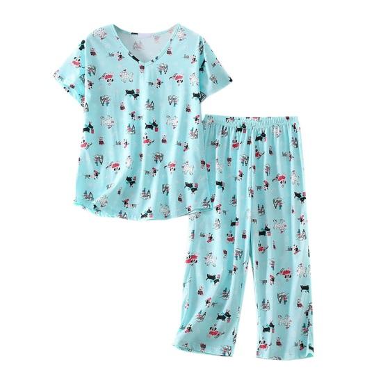 Women Cotton Pajama Set Short Sleeve Top with Capris Pants Sleepwear Set Summer Casual 2 Piece Lounge Set