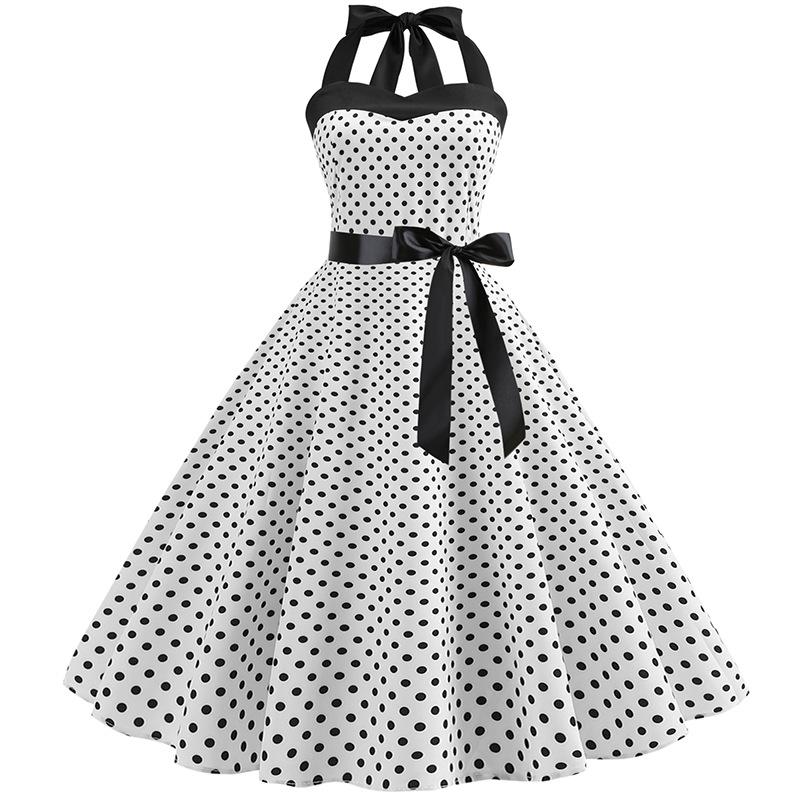 

Retro 50s Hepburn Style Polka Dot Halter Dress with Tie Waist A-Line Skirt Extra Large білий