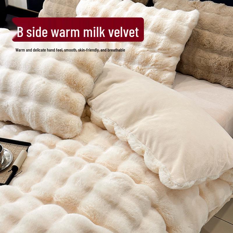 2025 Winter Coral Velvet Bedding Set: Plush Imitation Rabbit Fur Duvet, Fitted Sheet, Bed Sheet, Thickened for Warmth