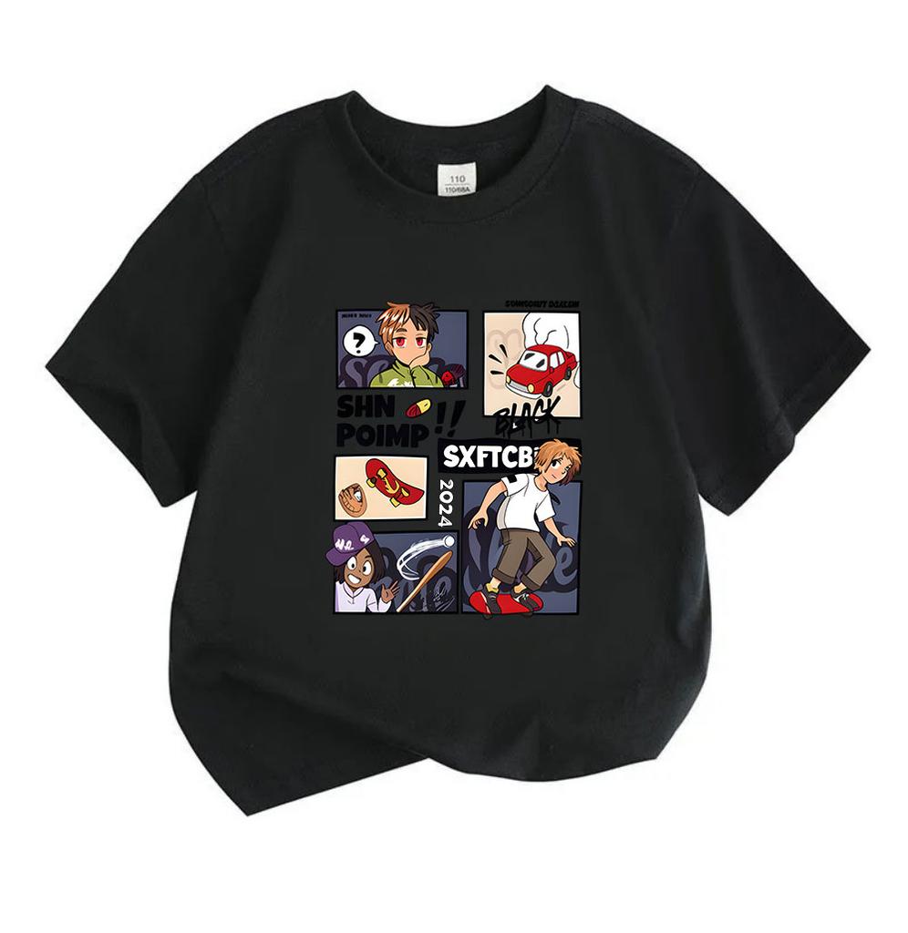Kids Boys Girls 100% Cotton Crew Neck Short Sleeve T-Shirt, Cartoon Anime Skater Baseball Character Print Casual Comfortable Tee for Daily Summer Wear