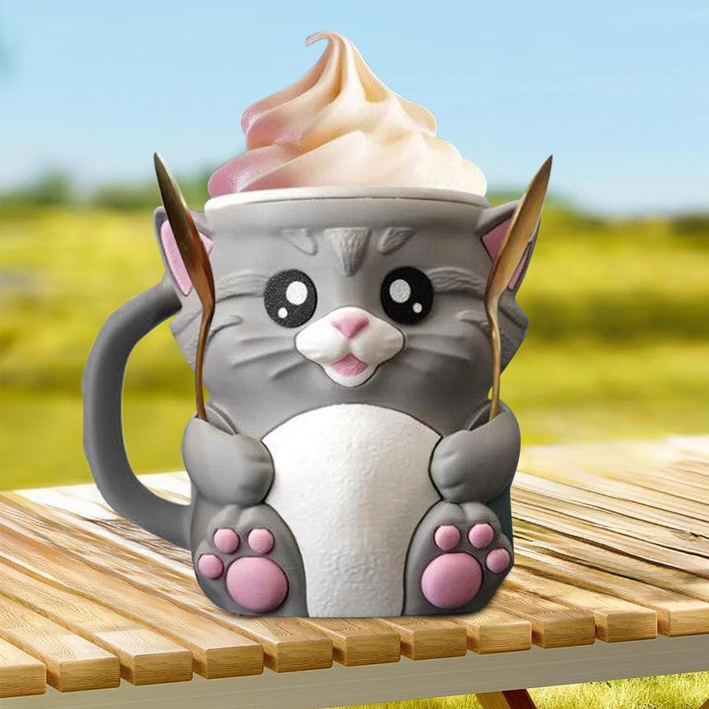 Cat Ice Pint Cup Holder Reusable Cat Ice Cream Pint Holder 3D Printed Dessert Cup Sleeves With Spoon For Party Birthday
