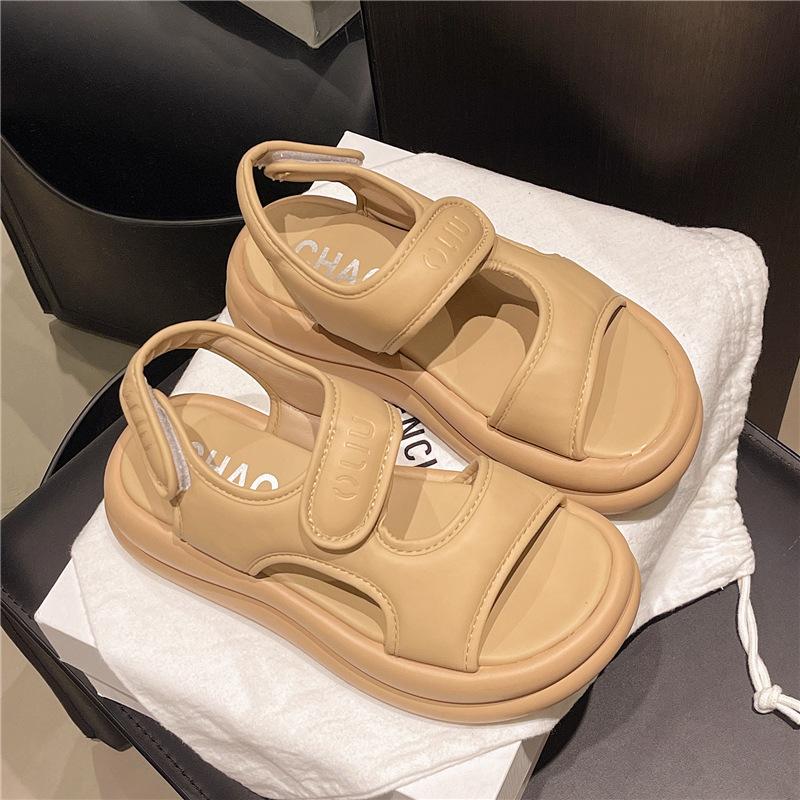 

Сандалии на толстой подошве на липучках для женщин 2025 лето новинка круглый носок ощущение ходьбы по дерьму подошва-маффин пляжная обувь пляжные сандалии для женщин 40 коричневый