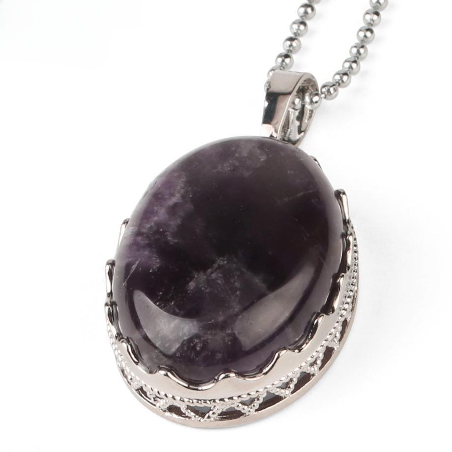 Semi Precious Amethyst Simple Design Elliptical Natural Crystal Pendant Necklace