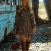 Women's Retro V-Neck Long Sleeve Floral A-Line Short Dress with Fitted Waist