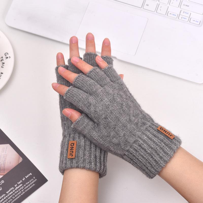 Men's Half-finger Thickened Thermal Gloves Knitted Leaking Fingers Office Student Brushed Imitation Cashmere Broken Finger Solid Color Gloves