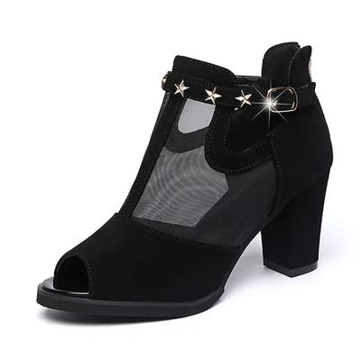 Sapatos de Verão 2025 Sandálias Femininas Peep toe Elegantes Senhoras Salto Alto Salto Quadrado 8cm Sapatos de Festa da Moda Preto Vermelho D258