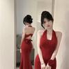 Summer Solid Color Sexy Spice Girl Style Dress Women's New Strap Backless Slim Neck Medium and Long Fishtail Dress