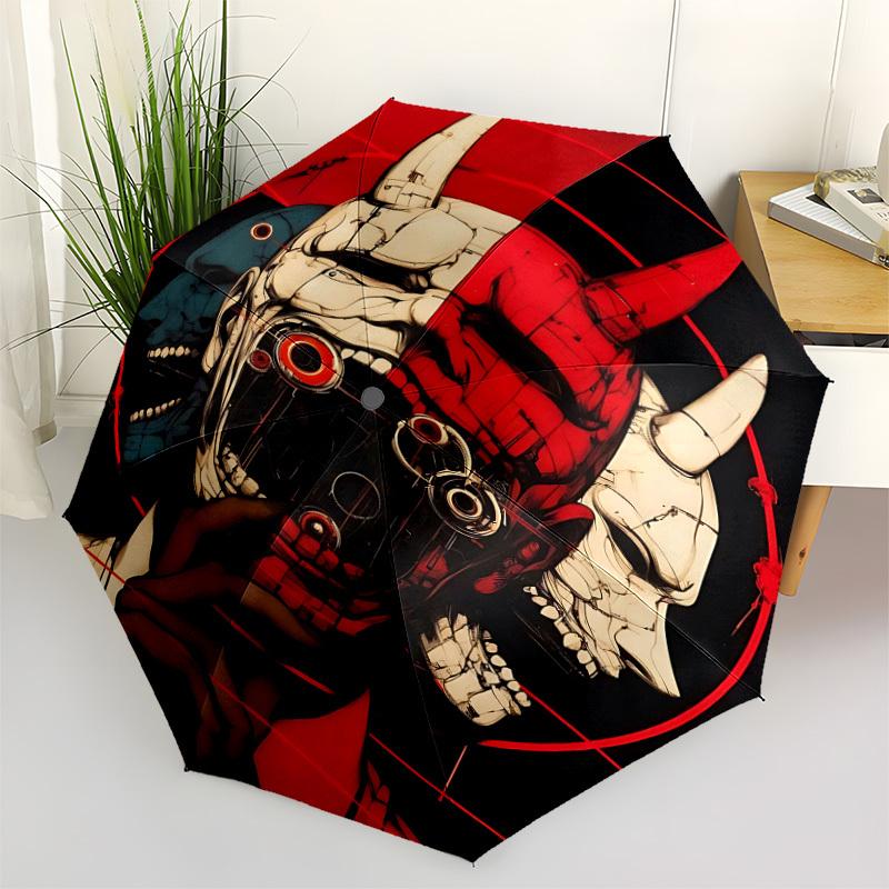 1pc Cyberpunk Mask Automatic Umbrella - 8-Rib Portable Folding Black Iron Frame for Outdoor, Beach, Travel, Beach Umbrella,018