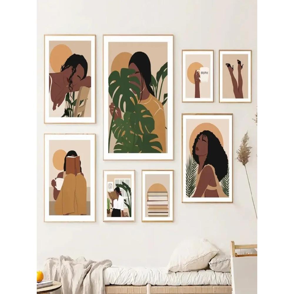 Elegant Abstract African Girl Wall Art with Sun  Coffee  HD Canvas Print Poster for Living Room  Bedroom Decor