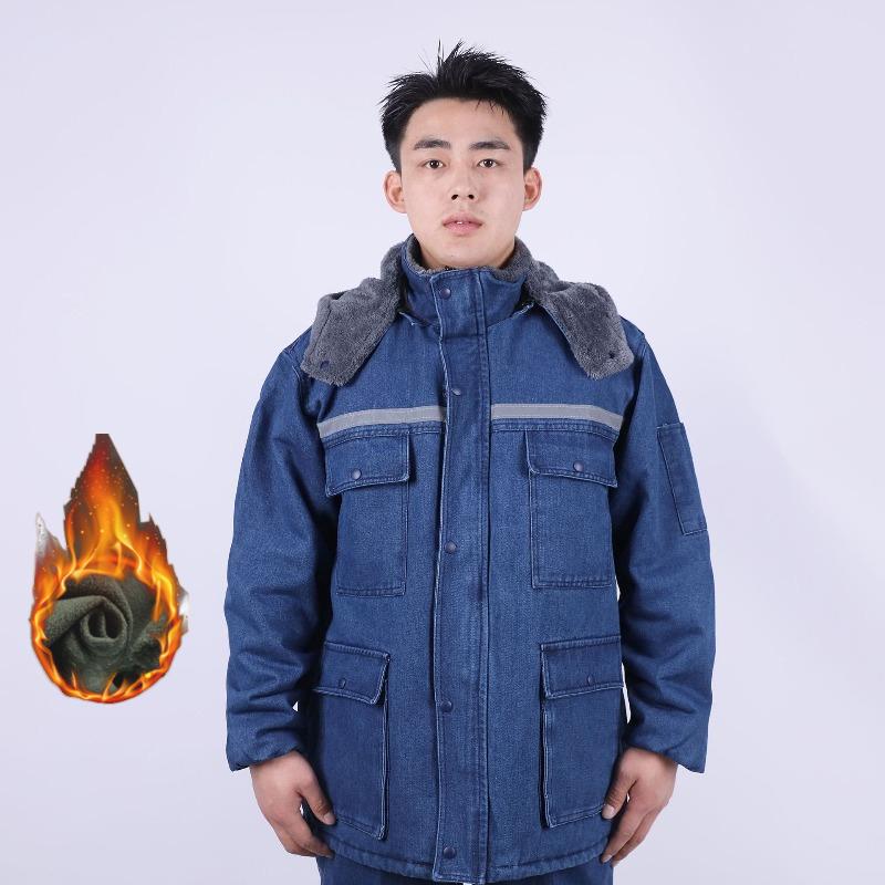 

Men s Plus Velvet Thick Denim Jacket Winter Labor Insurance Clothing Night Reflective Denim Hooded Jacket XS синий