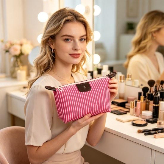 Striped Cosmetic Bag Portable Zippered Small Makeup Bag Foldable Stylish Toiletry Bag for Makeup Brushes Skincare Products