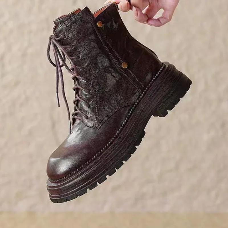 

Обувь женская 2024 года, горячая распродажа, женские ботинки на шнуровке, круглый носок, однотонные, короткие, на среднем каблуке, водонепроницаемые, модные ботинки в британском стиле 40 коричневый