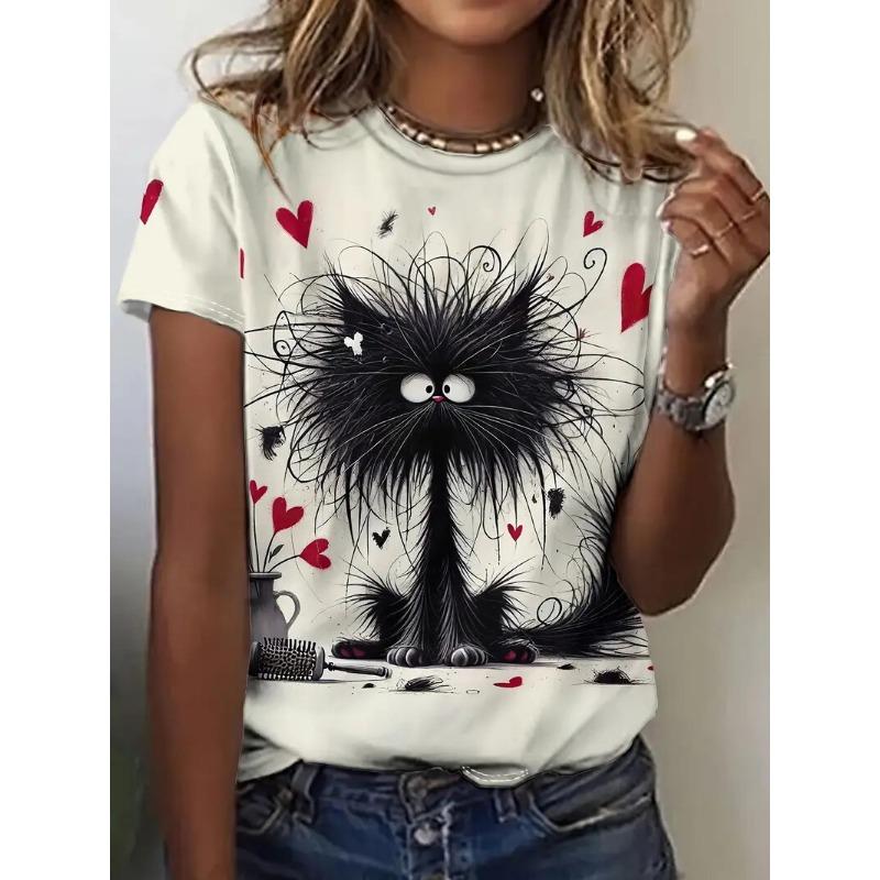 Women s T-shirt Fun Animal Cat 3D Printed Short Sleeve 2XS