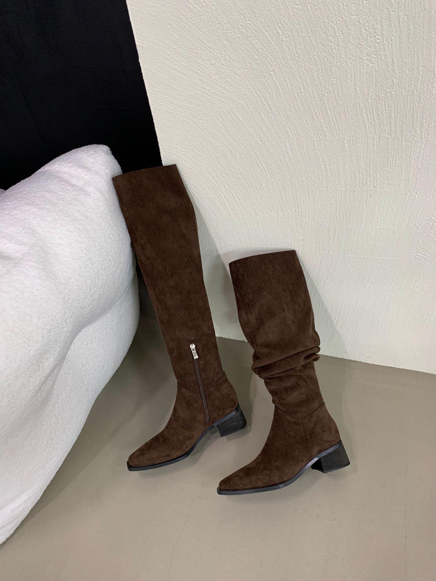 

Ботильоны-чулки на толстом каблуке в стиле французского ретро с квадратным носком женские 2025 новые двусторонние высокие ботфорты 39 темно-коричневого