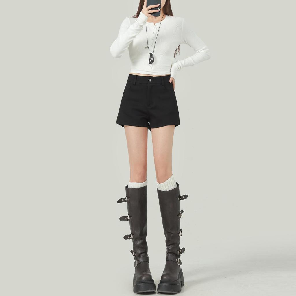 Khaki High-Waisted Casual Women's Shorts with Velvet Lining, 2025 Winter A-Line Bootcut Hot Pants