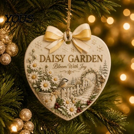 Seasonal Home Holiday Ornaments Heart Shape Christmas Ornament, Sunflower/Lavender/Wildflower Garden Acrylic Hanging Decoration, for Party Xmas