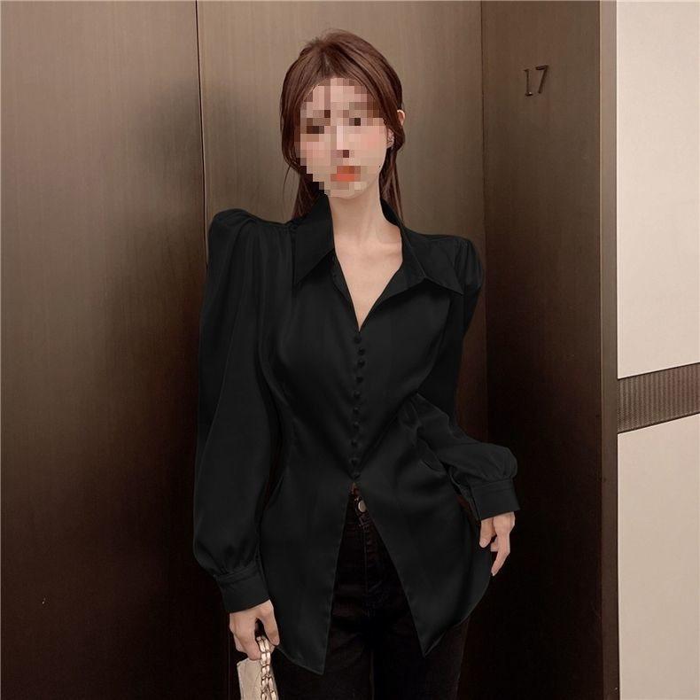 Chic French Autumn Puff Sleeve Slit Waist-Hugging Long Sleeve Top for Women