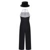Girls Jazz Dance Costume Metallic Patchwork Jumpsuit Rhinestone Color Block Sleeveless Bodysuit with Felt Hat