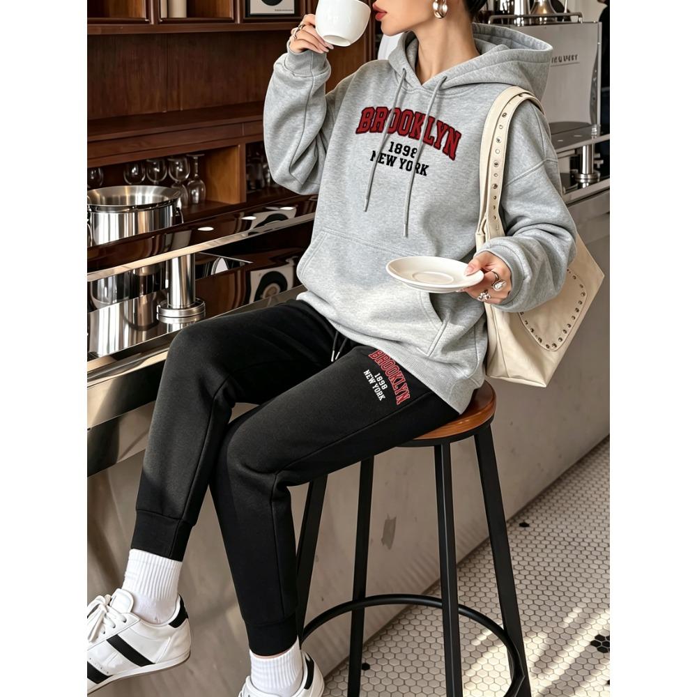 Brooklyn New York Usa Printed Y2K Women'S Hoody Set Multicolor Pocket Hoodie Loose Korean Pants