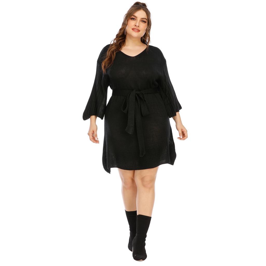 Damskie sukienki swetrowe z rozszerzanymi rękawami i wiązaniem w talii na jesień i zimę