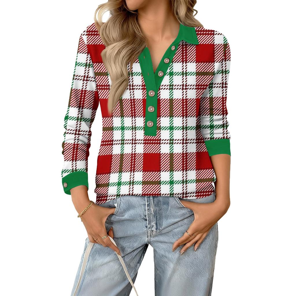 Women's Retro Street Lazy V,neck Long Sleeve Button Plaid Print Pullover Top