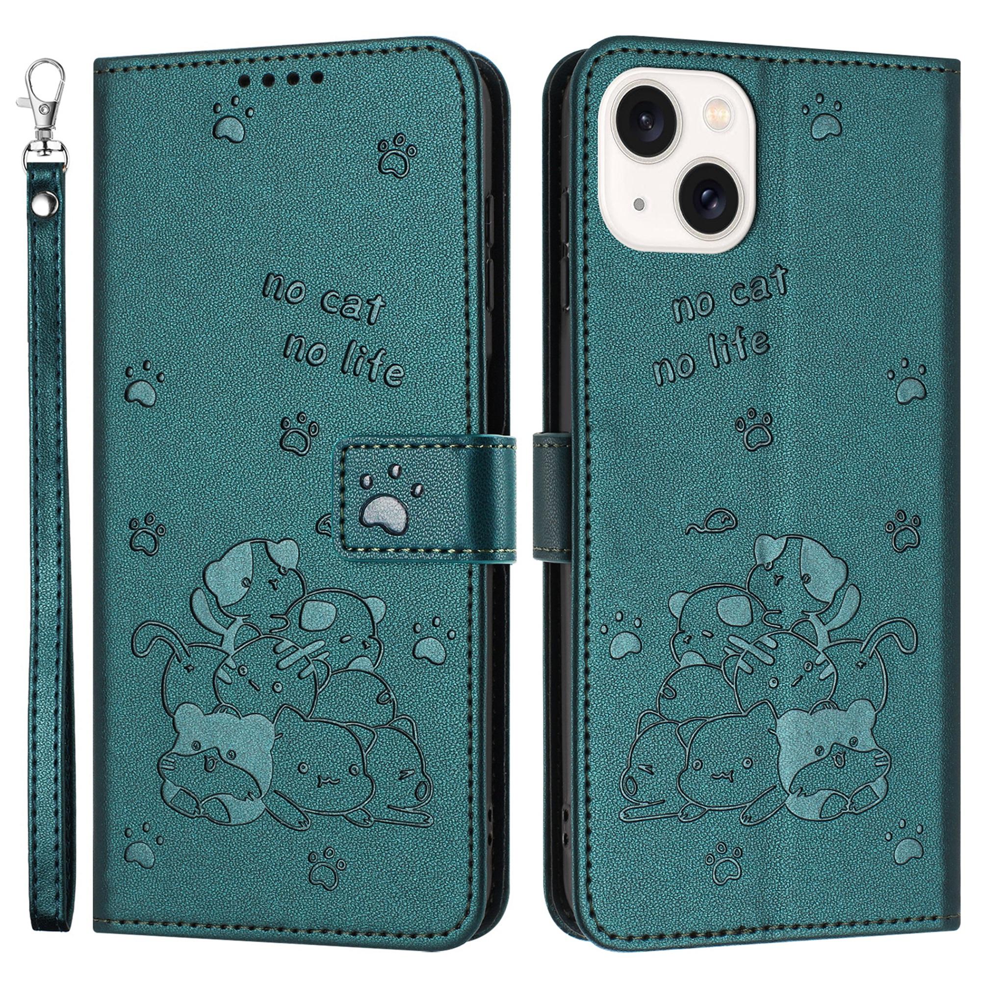

For iPhone 15 Plus/14 Plus Case with Strap Cats Imprint Leather Wallet Phone Cover E