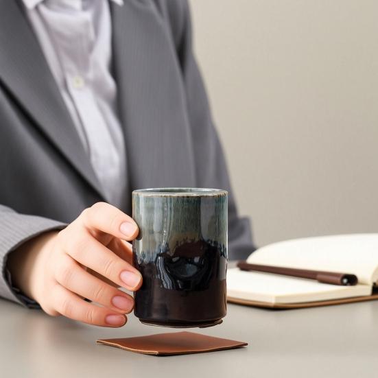 Vintage Keramik-Kaffeebecher mit Strohhalm, Retro Handbemalte Gestreifte Zylinderbecher, Grobkeramik für Heiße Kalte Getränke