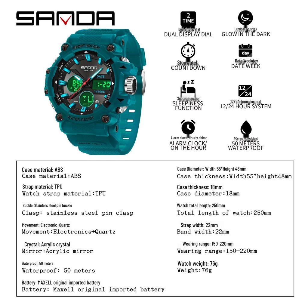 Sanda Dual Display Waterproof Sports Watch: Trendy & Unique Design