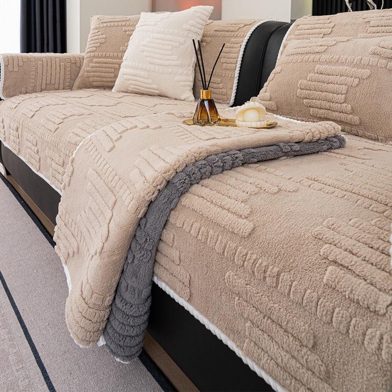 Thick Anti Slip Sofa Cover Fabric Simple Straight Lined One-piece Leather Sofa Cushion Cover Breathable Autumn and Winter Styles