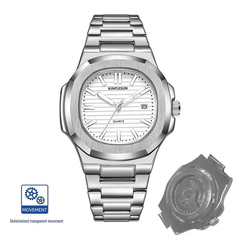 Jin Shidun Men's Luminous Quartz Skeleton Watch with Steel Band and Date Display.