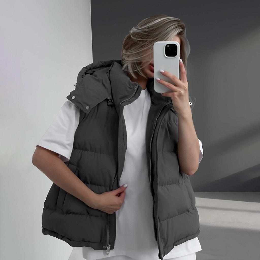 Fall Winter New Trendy Y2K Sleeveless Hooded Padded Cotton Vest Jacket, Cropped Waistcoat Outerwear for Women