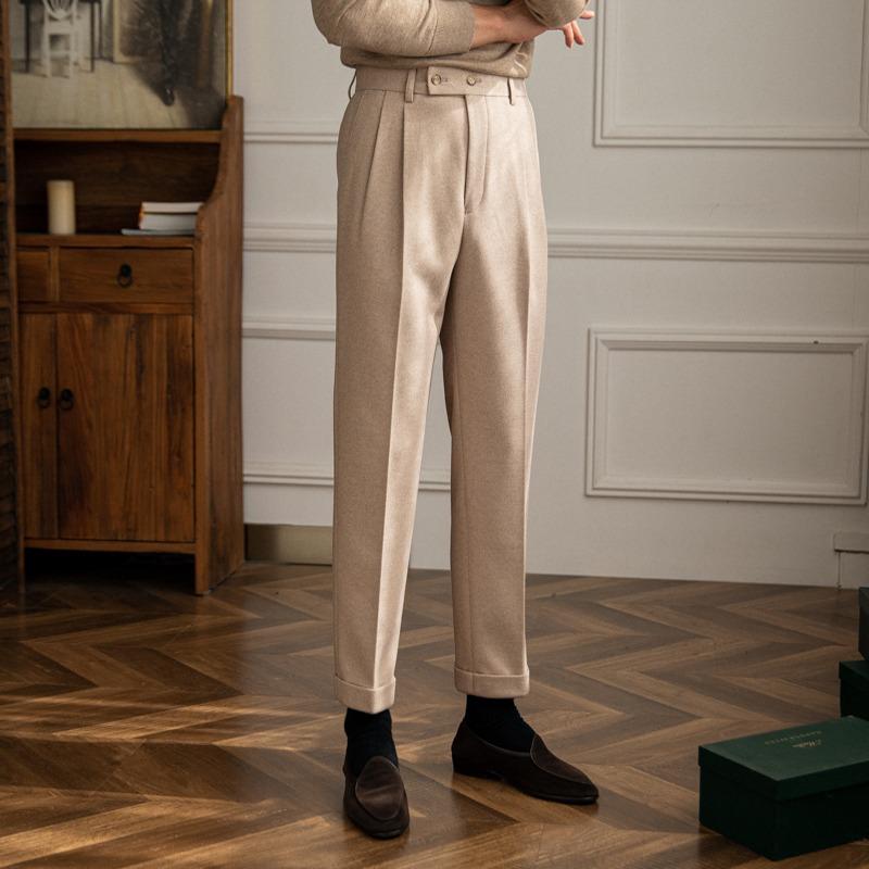 Autumn and winter thick trousers men's slim-fitting thickened business dress casual pants trendy non-ironing woolen suit pants men's straight