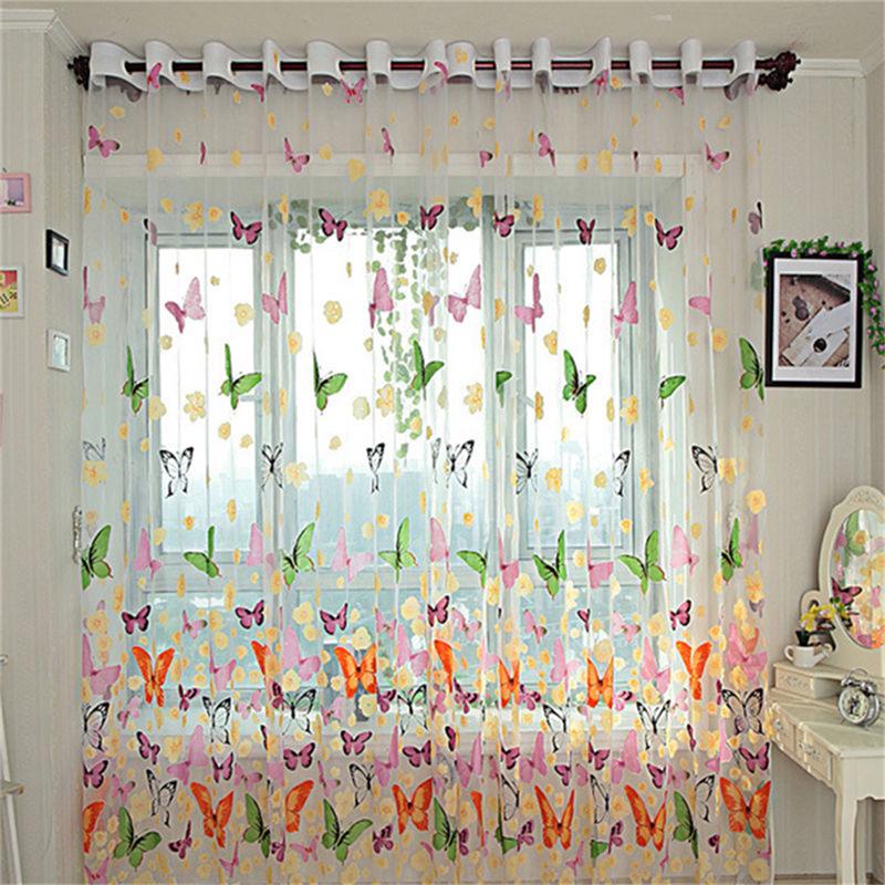 1Pc New Floral Butterfly Sheers Curtains Voile Tulle Door Window Curtain Valance