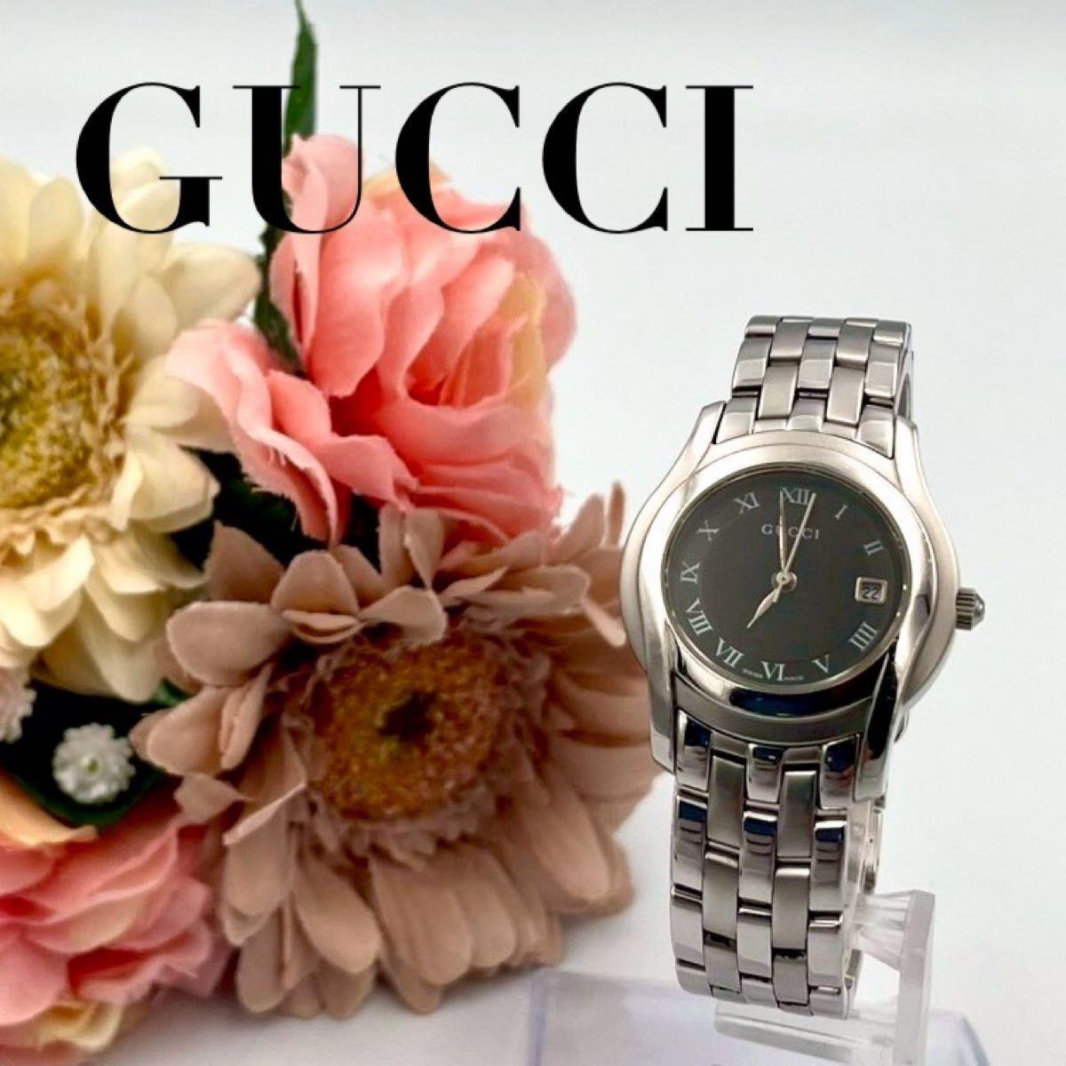 Used 864 New Battery GUCCI 5500L Date Watch Quartz Black Dial Ladies Stainless Steel Working