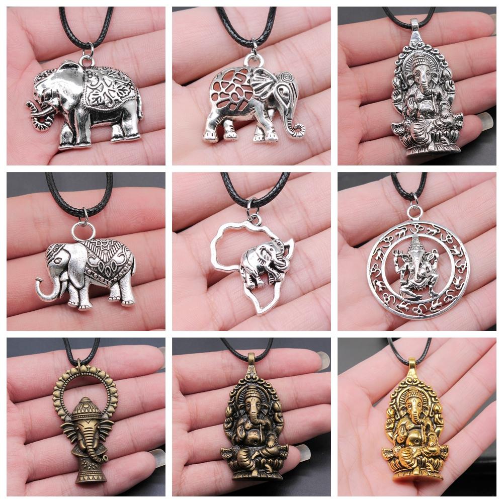 12 Styles Unisex African Elephant Thai Elephant India Ganesha Pendant Necklace Black Leather Cord Necklace