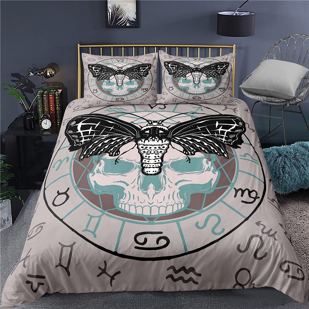 Gothic Skull Duvet Cover Set, Death Moth And Flowers Comforter Cover King Personalized Skeleton Bones Bedding Sets Black Cream