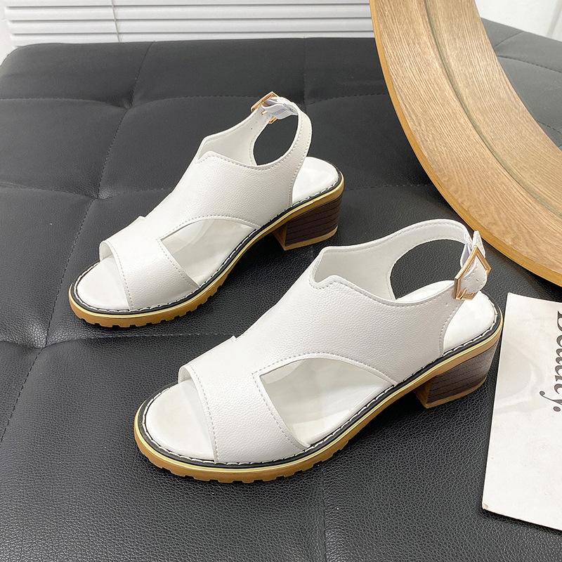 2025 new summer women's shoes Korean version thick heel sandals buckle casual thick heel fish mouth wedge heel sandals large size sandals