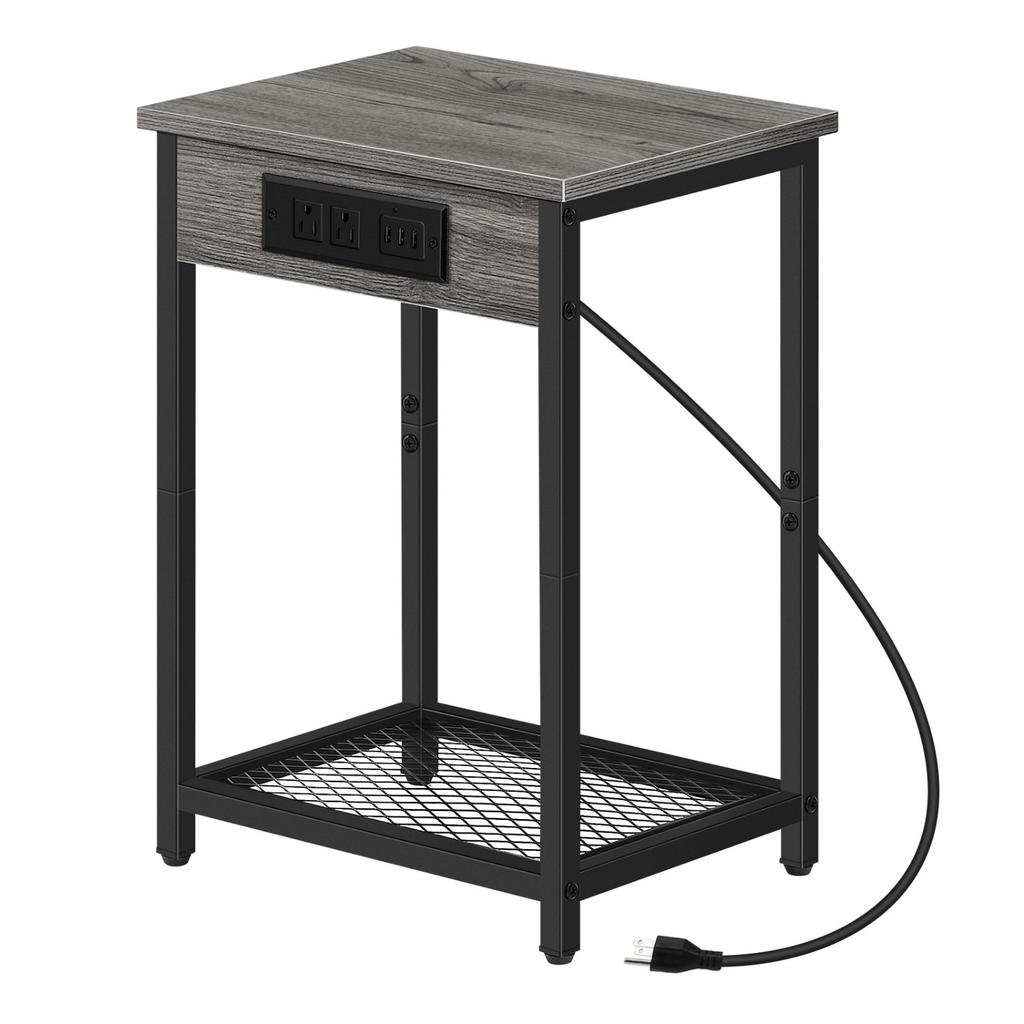 Narrow Nightstand W/ Charging Station - 2-Tier Light Maple White Bedside Table, USB Ports & Outlets + Storage Shelf