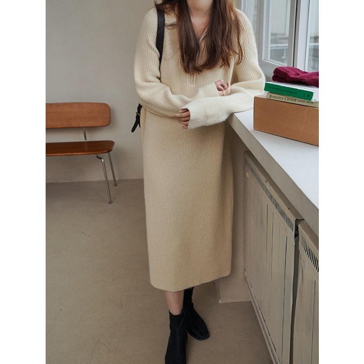 

Осень-зима теплое свободное платье-свитер на молнии для женщин, прямое платье-свитер, женское свободное длинное платье, женское шикарное платье One Size бежевый