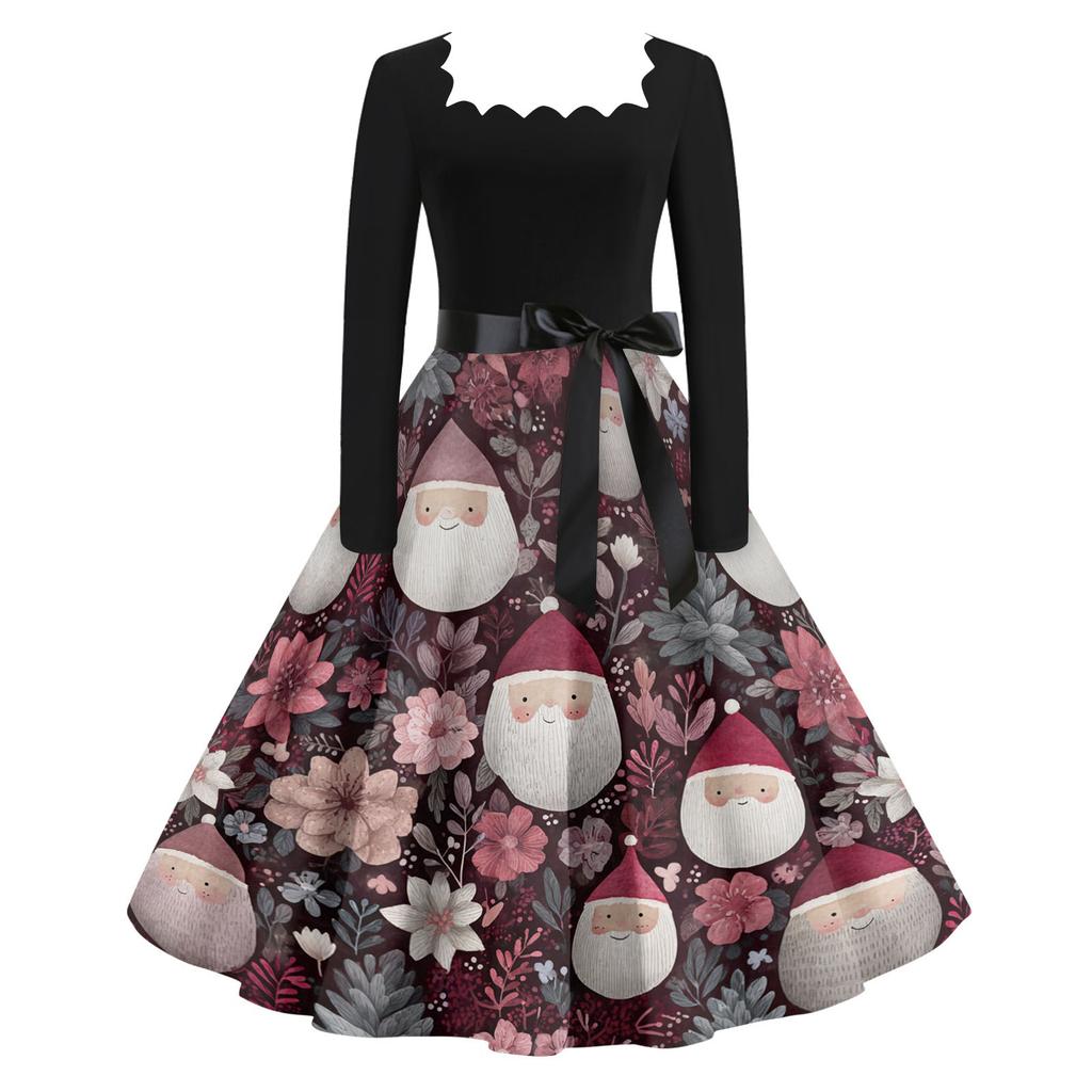 Women's Casual Fashion V Neck Christmas Printed Vintage Dress